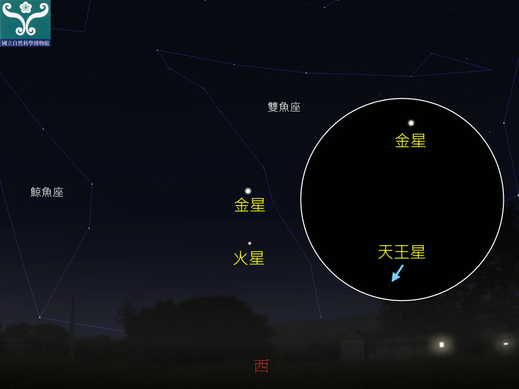 圖二 「天王星合金星」示意圖，右邊插圖為摸擬望遠鏡中的視界。