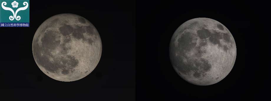 圖一 圖左 滿月，圖右 中秋節的月相示意圖。比較兩者左側月相大約相差3%。