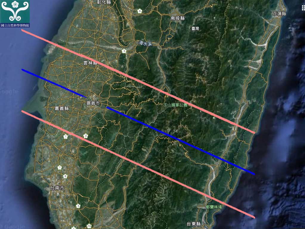 圖五 「日環食帶」經過台灣本島示意圖。