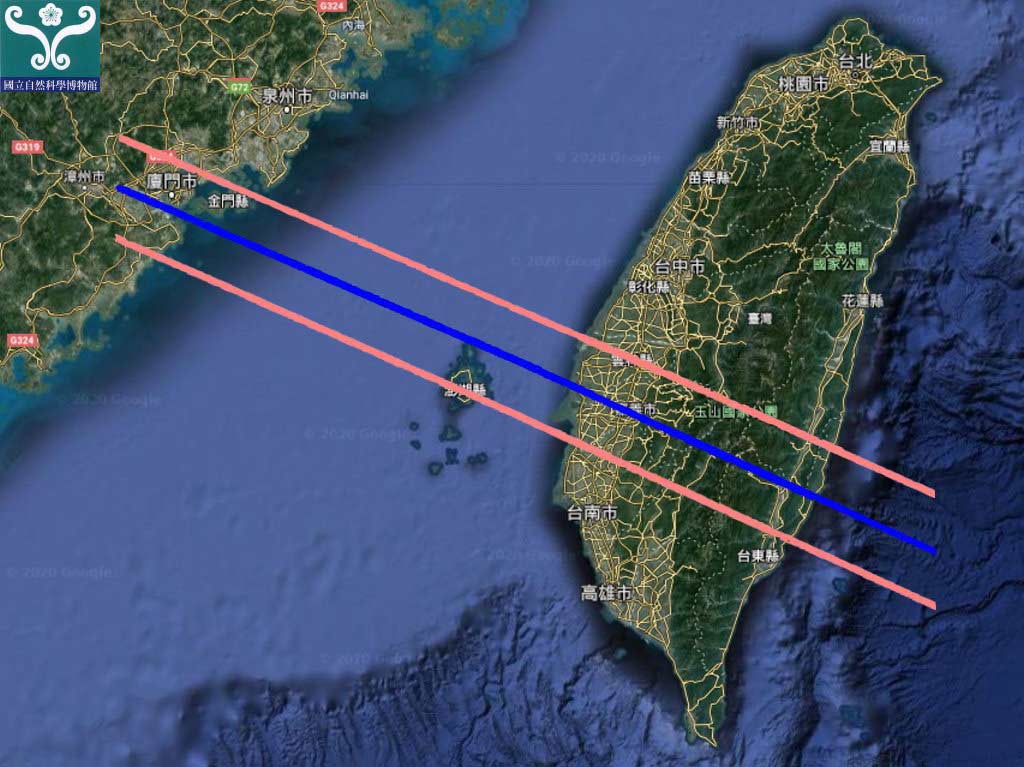 圖二 「日環食帶」經過台灣地區示意圖。紅色線範圍內為「日環食帶」的範圍。