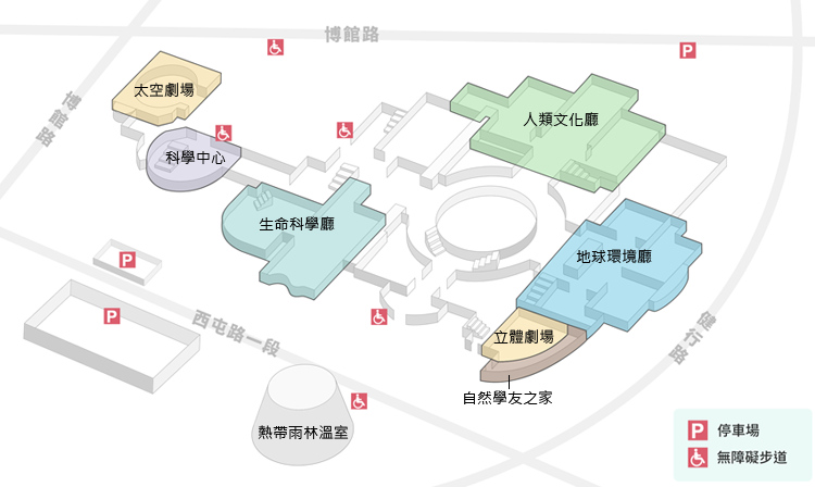 對於行動不便者，可利用之戶外設施有無障礙步道及博館路停車場。