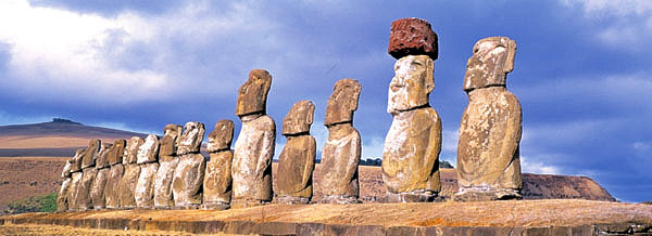 Easter Island is the eastern boundary of Austronesia. Islanders moved from Society Islands to Easter Island in 500 A.D. There are over 800 giant stone monoliths that are carved out of rock. Most of the monoliths display long faces, long ears, bushy eyebrows and deep-set eyes. Their height can be up to 9.8 meters. The weight can be up to 80 tons, and all of them face the land. Some scholars of Polynesia's ancient culture believe that the statues have religious qualities.