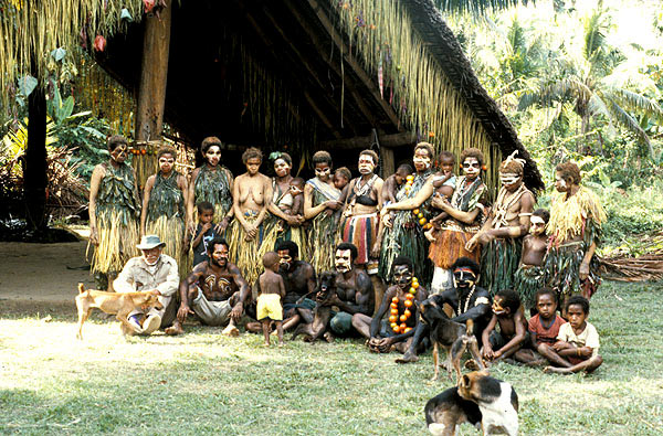 People in Langu gathered in front of the meeting hall, Papua New Guinea.